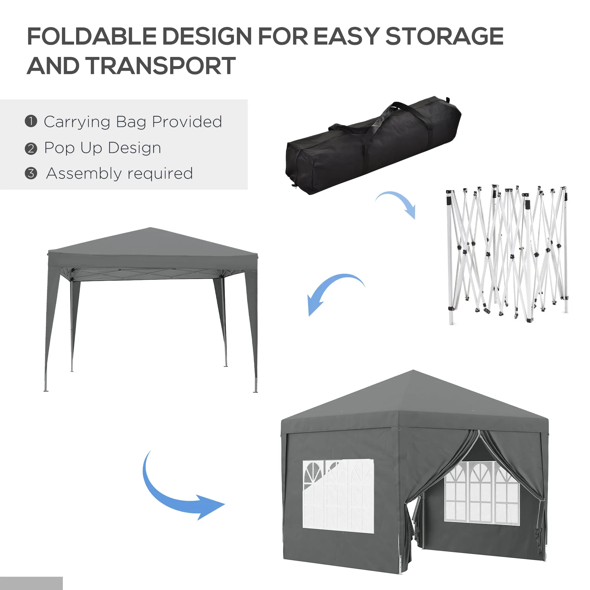 3 x 3 Meters Pop Up Water Resistant Gazebo Wedding Camping Party Tent Canopy Marquee with Carry Bag and 2 Windows Grey