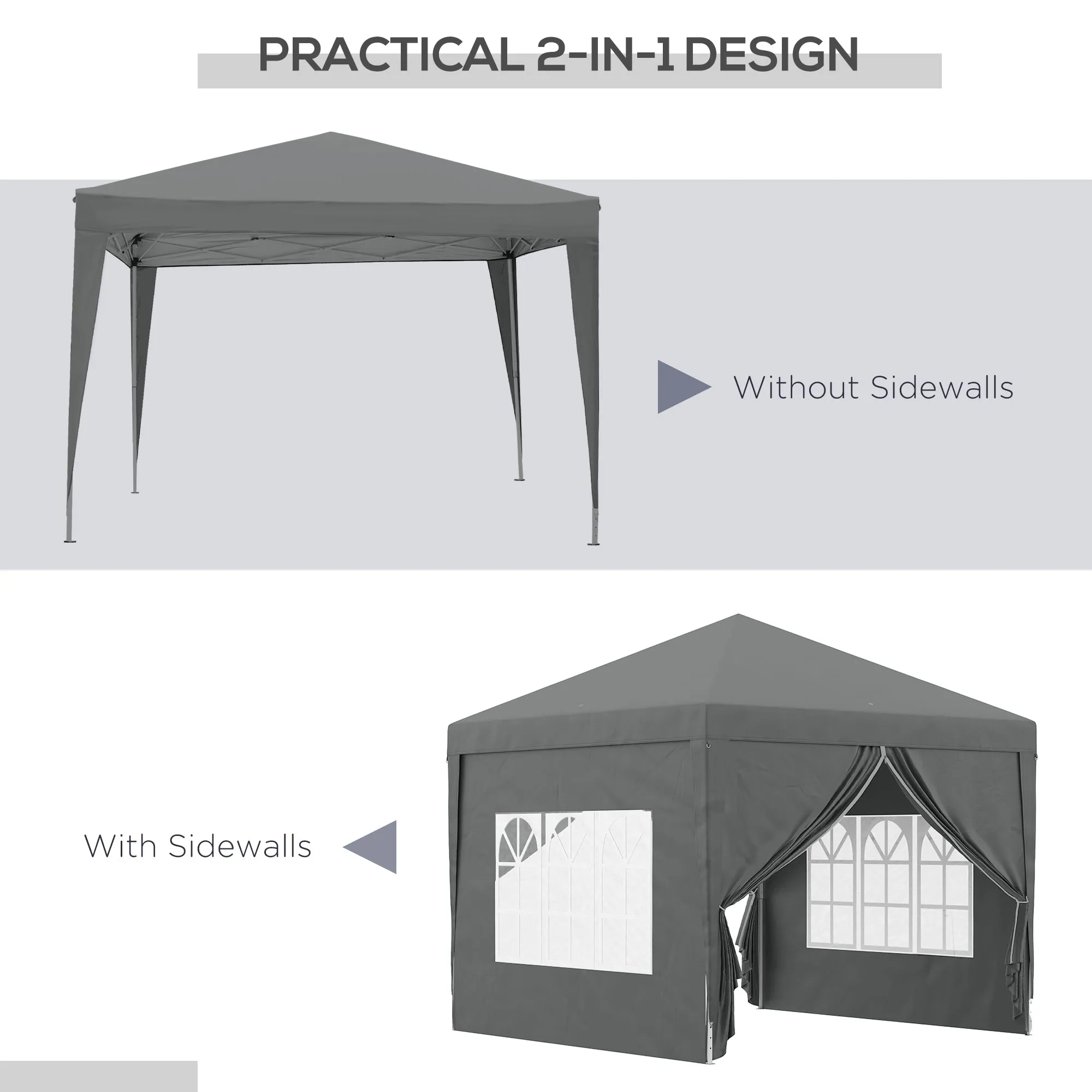 3 x 3 Meters Pop Up Water Resistant Gazebo Wedding Camping Party Tent Canopy Marquee with Carry Bag and 2 Windows Grey