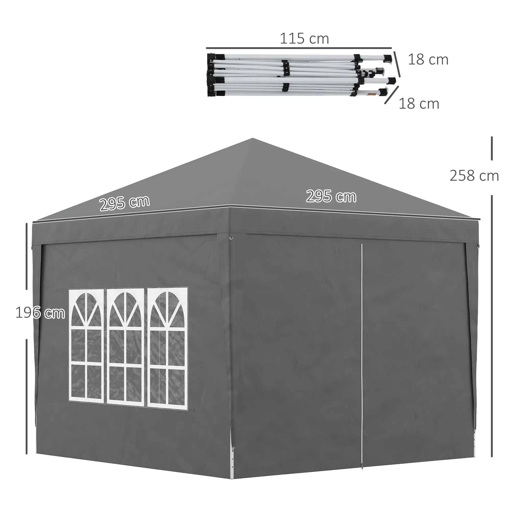 3 x 3 Meters Pop Up Water Resistant Gazebo Wedding Camping Party Tent Canopy Marquee with Carry Bag and 2 Windows Grey
