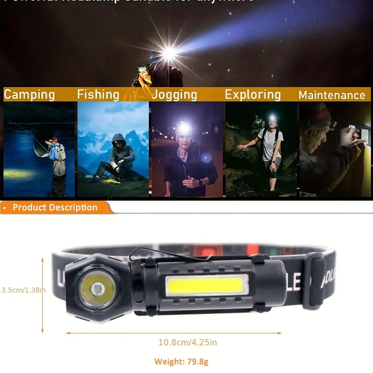 3In1 High Power Rechargeable Flashlight, Type-C Fast Charging LED COB Adjustable Headlamp With 3 Modes, Portable Headlight