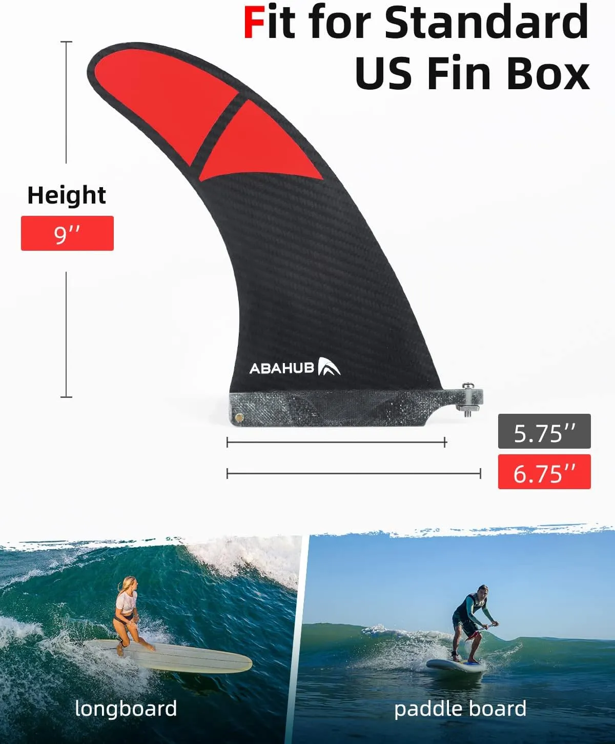 Abahub 9'' SUP Single Center Fin, No Tool Fin Screw, Fiberglass Reinforeced 9 inch SUP Replacement Fins for Surfboard, Stand-up Paddle Board, Longboard, Black/Blue/White