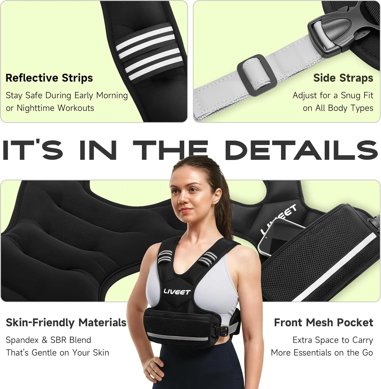 Adjustable Weighted Vest for Women Men, 4-10lb 11-20lb 20-32lb Weight Vest with 6 Ironsand Bags, Running Vest with Reflective Strips Adjustable Buckle Straps for Walking Strength Training