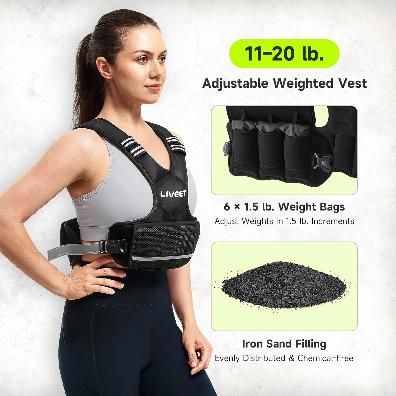 Adjustable Weighted Vest for Women Men, 4-10lb 11-20lb 20-32lb Weight Vest with 6 Ironsand Bags, Running Vest with Reflective Strips Adjustable Buckle Straps for Walking Strength Training