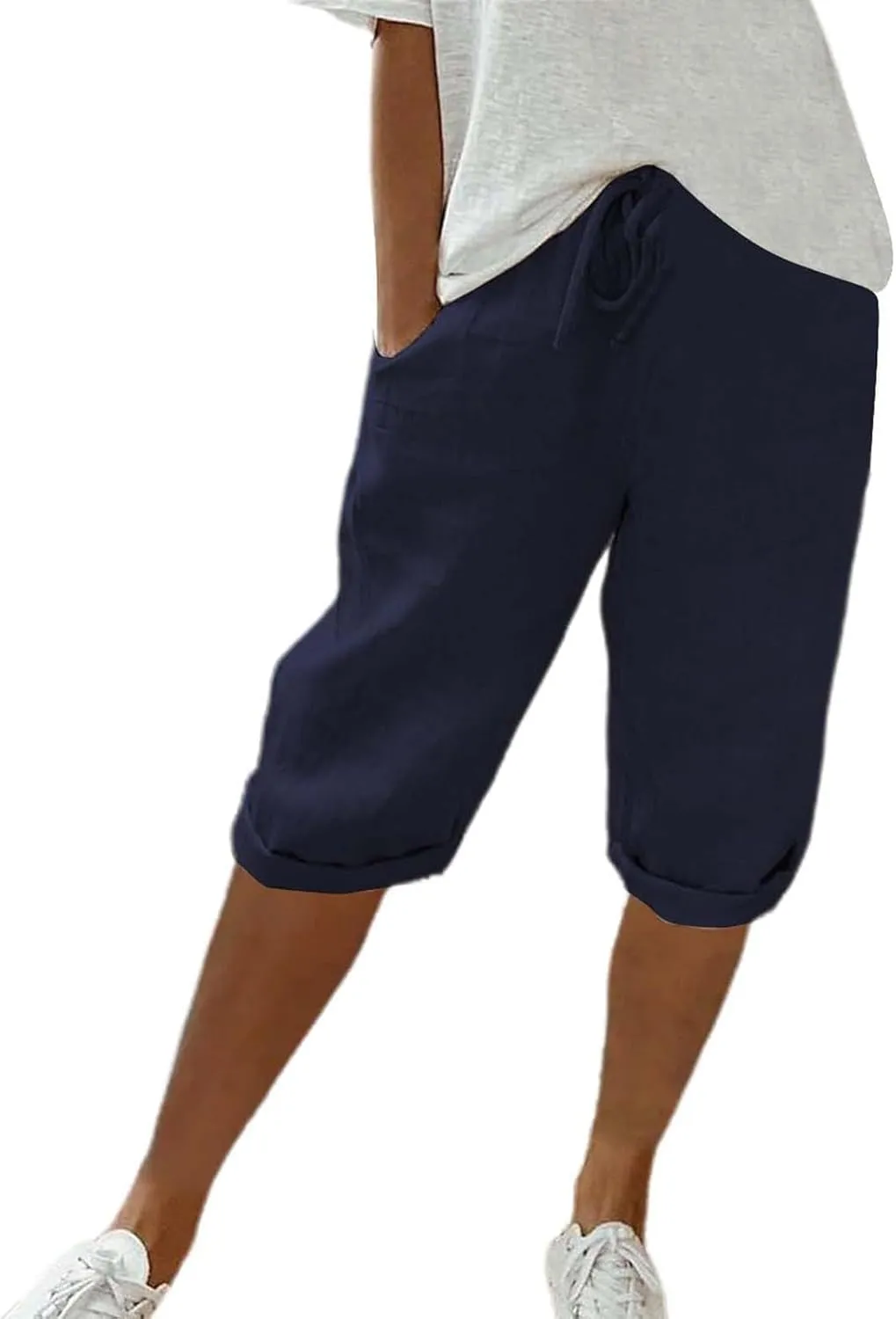 Bermuda Shorts for Women Knee Length High Waist Palazzo Cotton Linen Casual Pants with Pocket Summer Beach Vacation