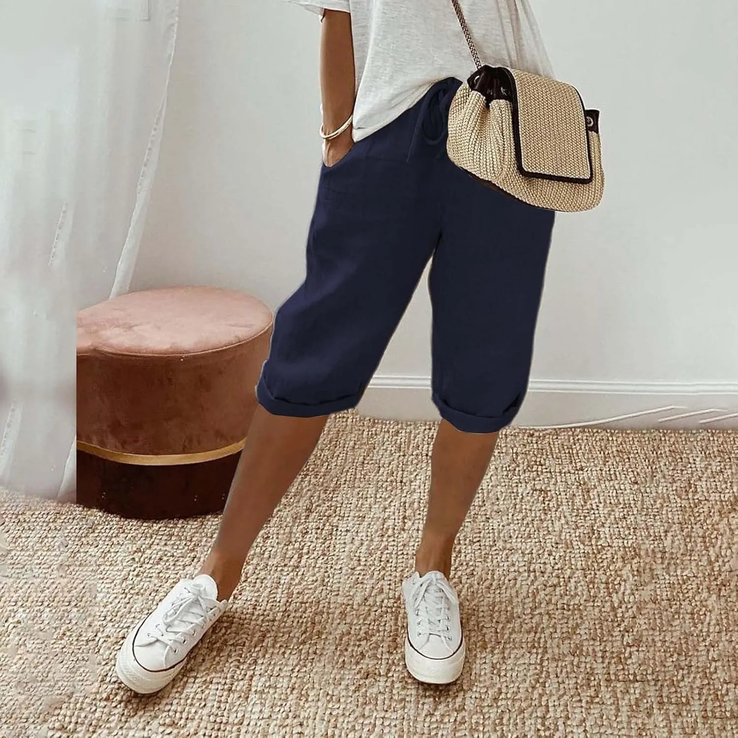 Bermuda Shorts for Women Knee Length High Waist Palazzo Cotton Linen Casual Pants with Pocket Summer Beach Vacation