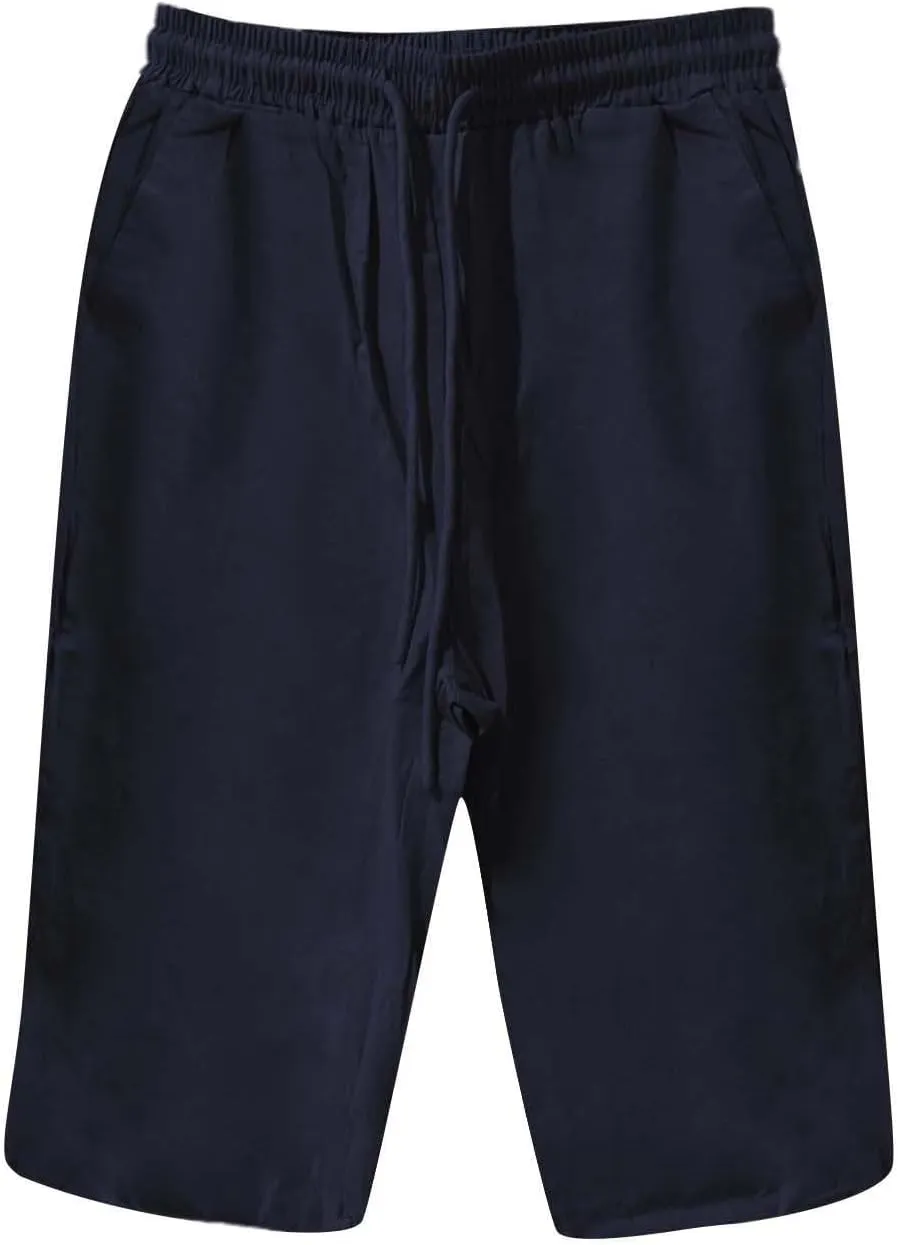 Bermuda Shorts for Women Knee Length High Waist Palazzo Cotton Linen Casual Pants with Pocket Summer Beach Vacation