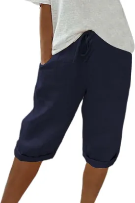 Bermuda Shorts for Women Knee Length High Waist Palazzo Cotton Linen Casual Pants with Pocket Summer Beach Vacation