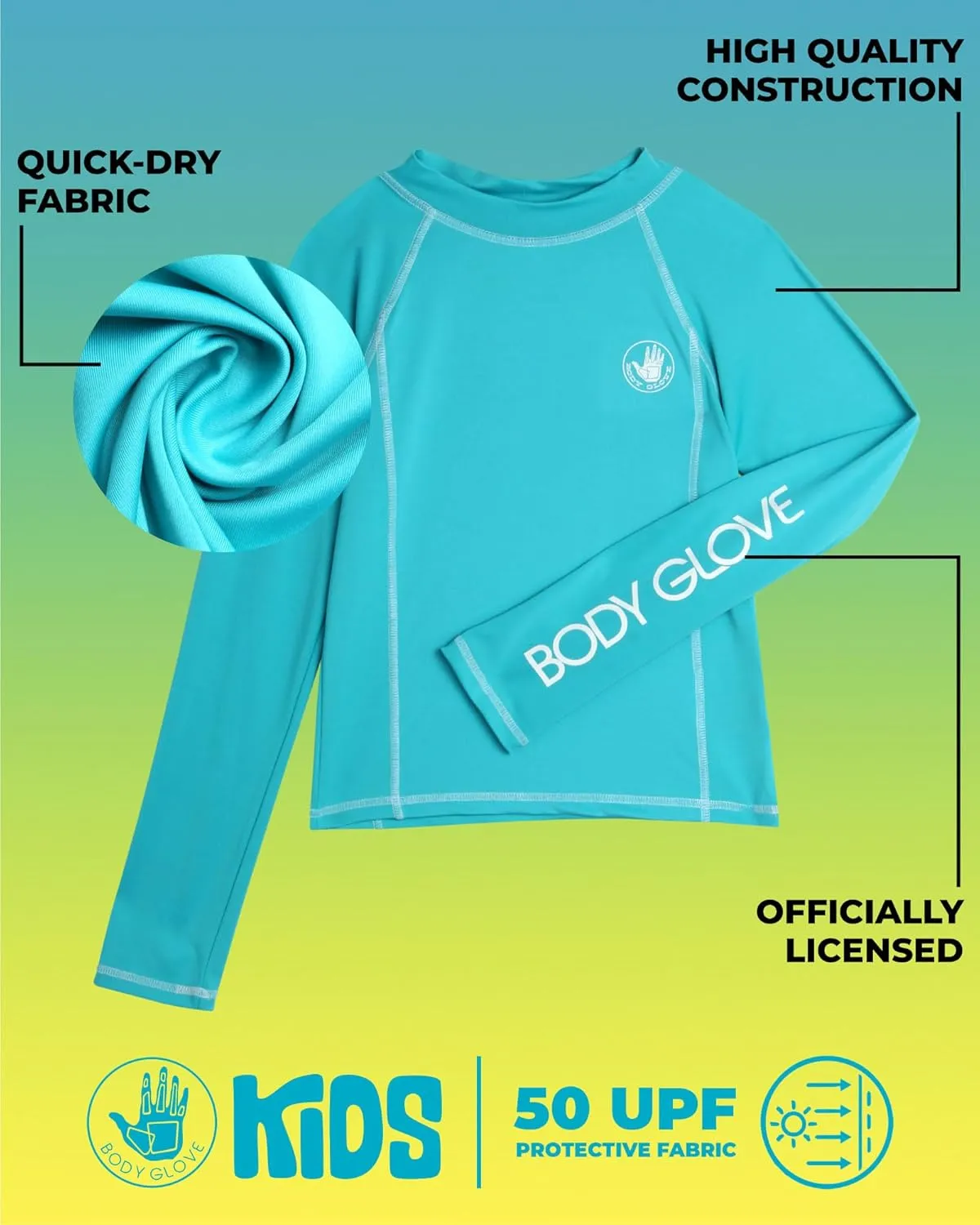 Body Glove Boys Swim Shirt - UPF 50  Sun Protection Quicky Dry Long Sleeve Rash Guard for Boys with Arm Logo (Size: 5-14)