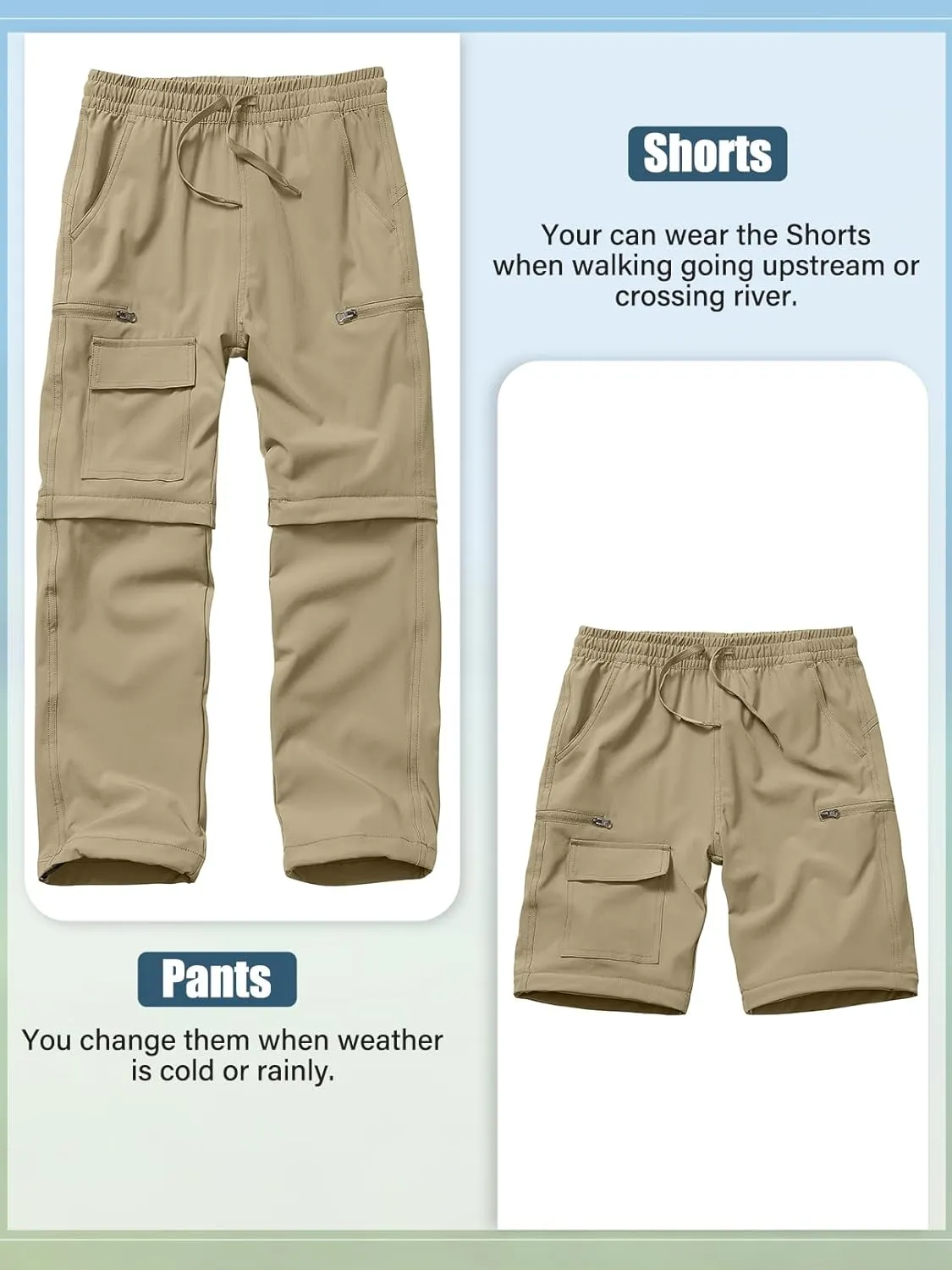 Boys Kids Hiking Cargo Pants, Youth Outdoor Quick Dry UPF 50 Lightweight Waterproof Climbing Caming Safari Convertible Pants