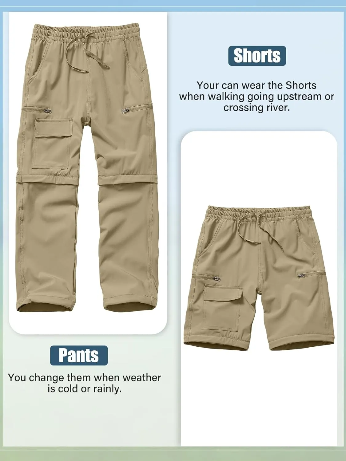 Boys Kids Hiking Cargo Pants, Youth Outdoor Quick Dry UPF 50 Lightweight Waterproof Climbing Caming Safari Convertible Pants
