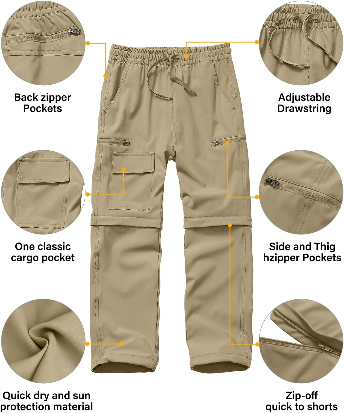 Boys Kids Hiking Cargo Pants, Youth Outdoor Quick Dry UPF 50 Lightweight Waterproof Climbing Caming Safari Convertible Pants
