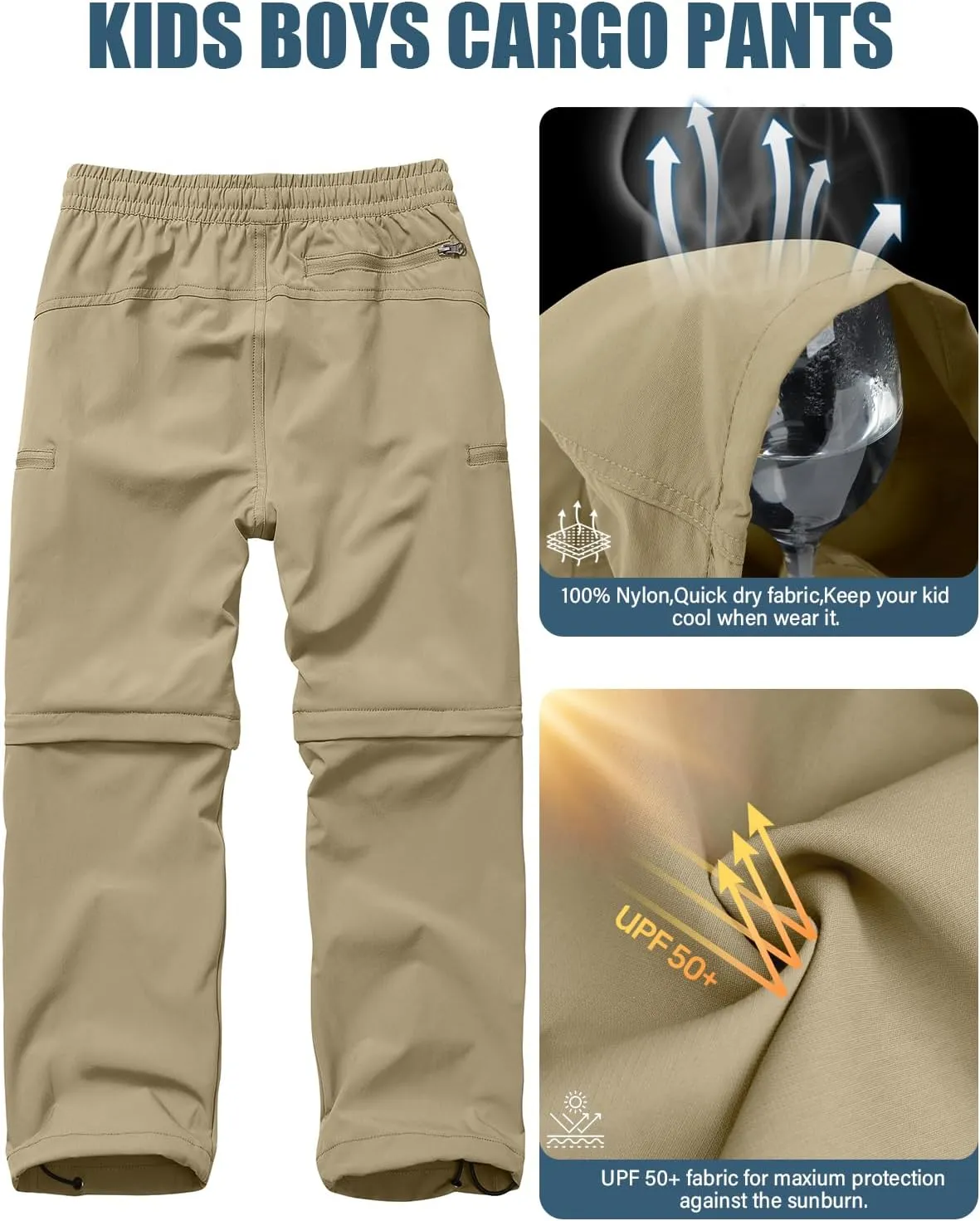 Boys Kids Hiking Cargo Pants, Youth Outdoor Quick Dry UPF 50 Lightweight Waterproof Climbing Caming Safari Convertible Pants