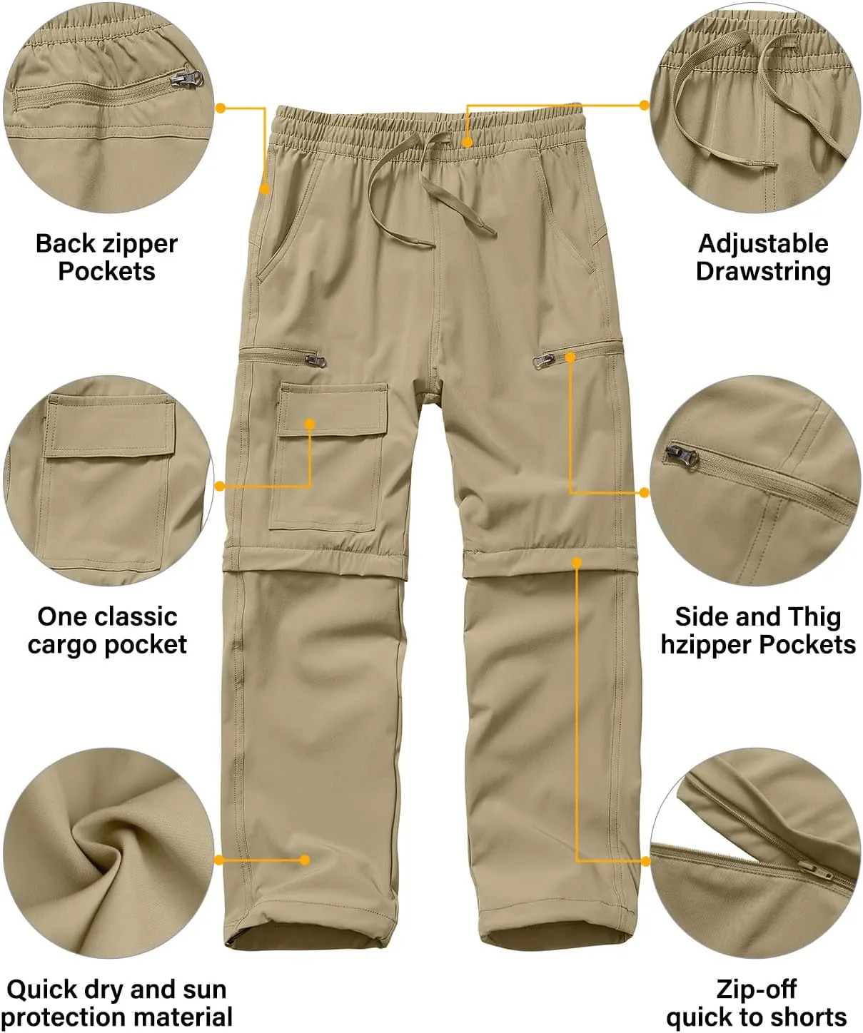 Boys Kids Hiking Cargo Pants, Youth Outdoor Quick Dry UPF 50 Lightweight Waterproof Climbing Caming Safari Convertible Pants