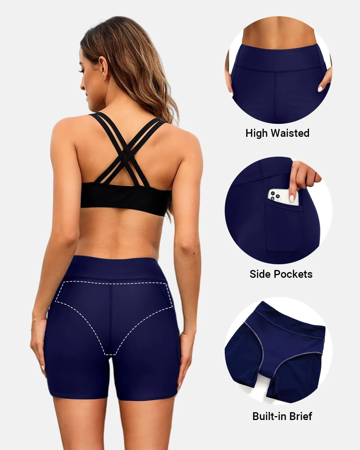 Daci Women High Waisted Swim Shorts - 5" Bathing Suit Short with Pockets Tummy Control Swimsuit Bottom Boy Shorts