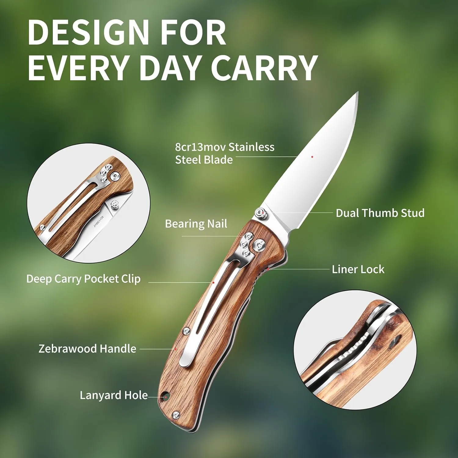 Harita Pocket Knife Folding Knife Zebra Wood Handle Stainless Steel Blade, 3.4 inch 8cr13mov Pocket with Clip Safety Liner Lock Tactical EDC Knife for Finshing Hunting Survival Hiking