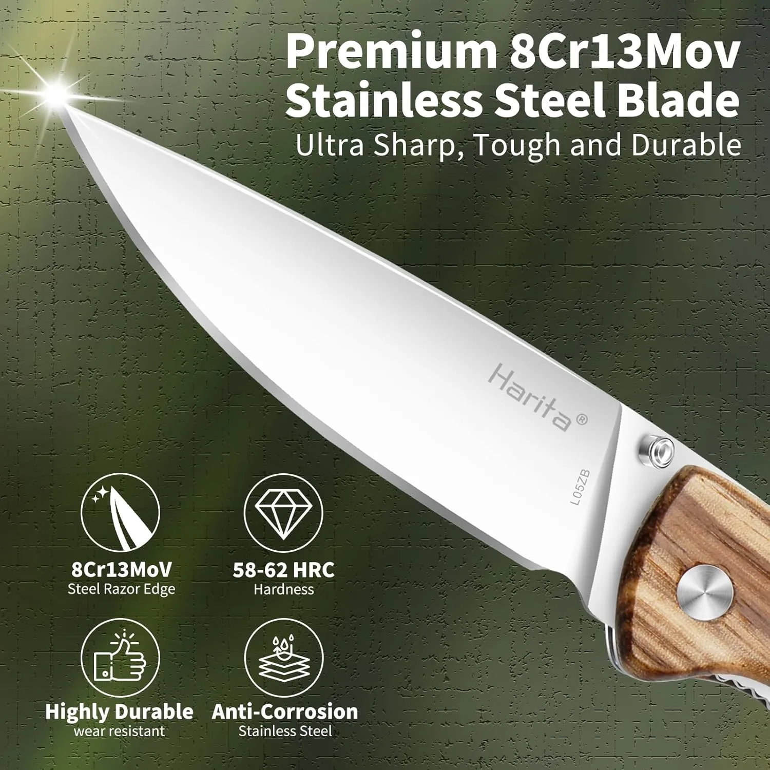 Harita Pocket Knife Folding Knife Zebra Wood Handle Stainless Steel Blade, 3.4 inch 8cr13mov Pocket with Clip Safety Liner Lock Tactical EDC Knife for Finshing Hunting Survival Hiking