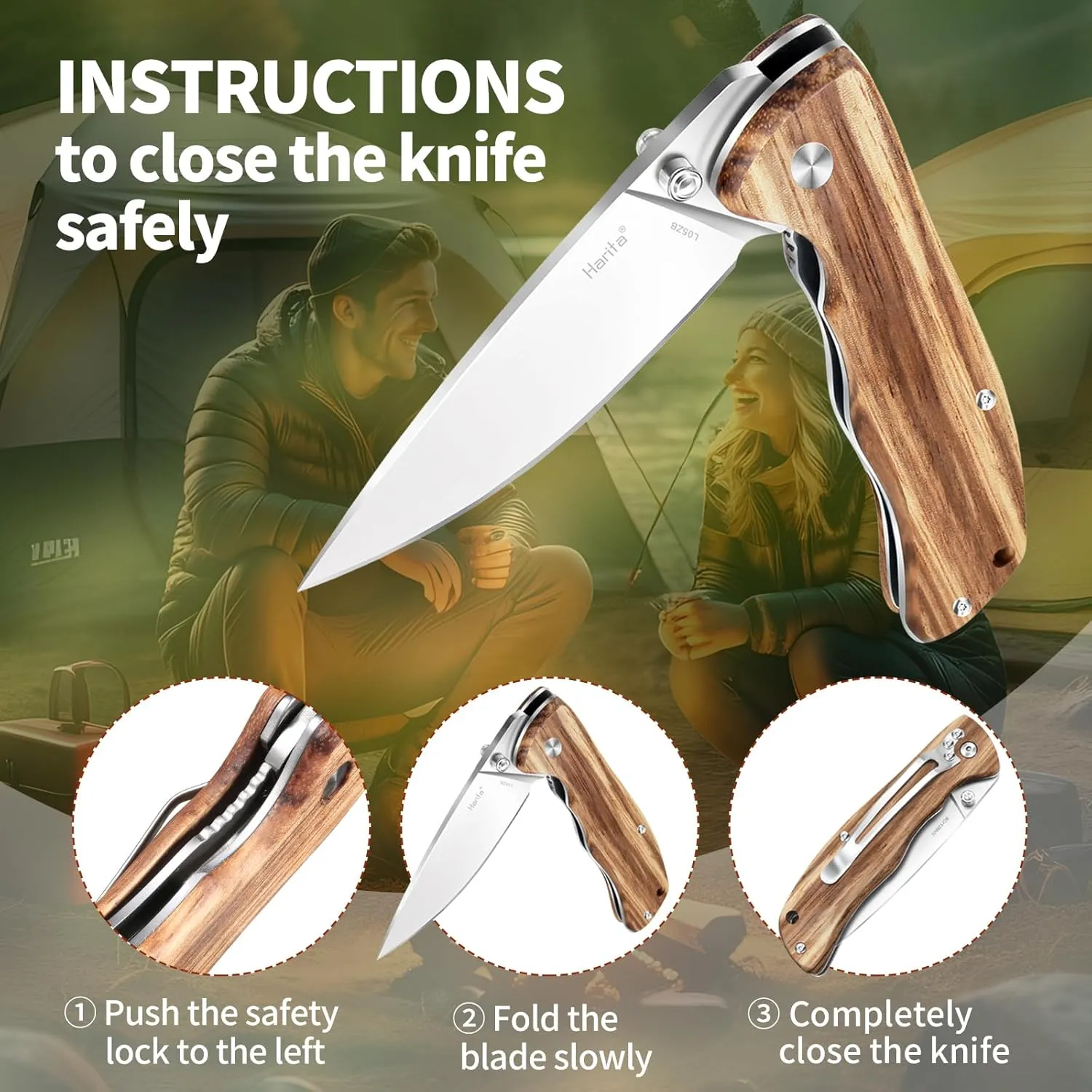 Harita Pocket Knife Folding Knife Zebra Wood Handle Stainless Steel Blade, 3.4 inch 8cr13mov Pocket with Clip Safety Liner Lock Tactical EDC Knife for Finshing Hunting Survival Hiking