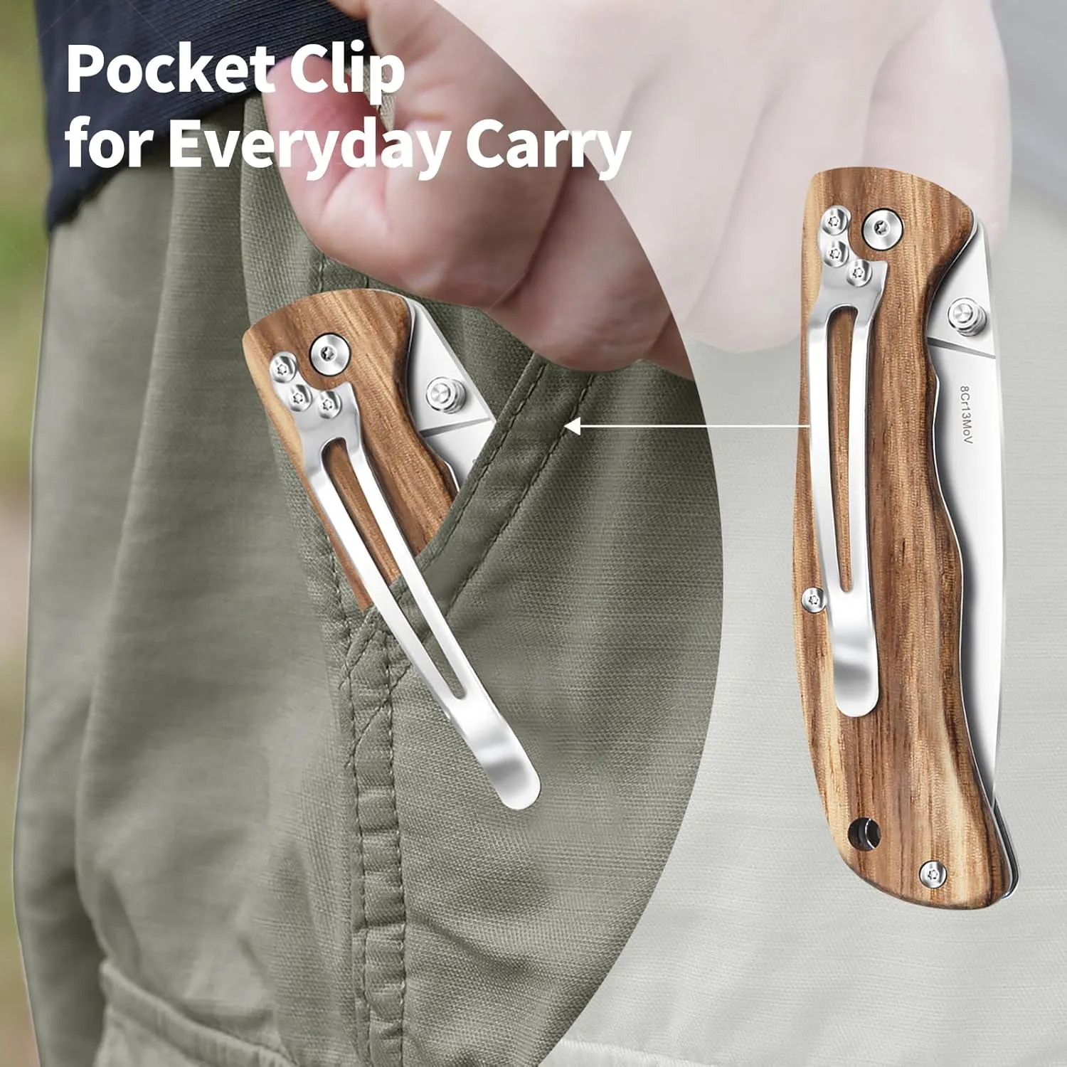 Harita Pocket Knife Folding Knife Zebra Wood Handle Stainless Steel Blade, 3.4 inch 8cr13mov Pocket with Clip Safety Liner Lock Tactical EDC Knife for Finshing Hunting Survival Hiking