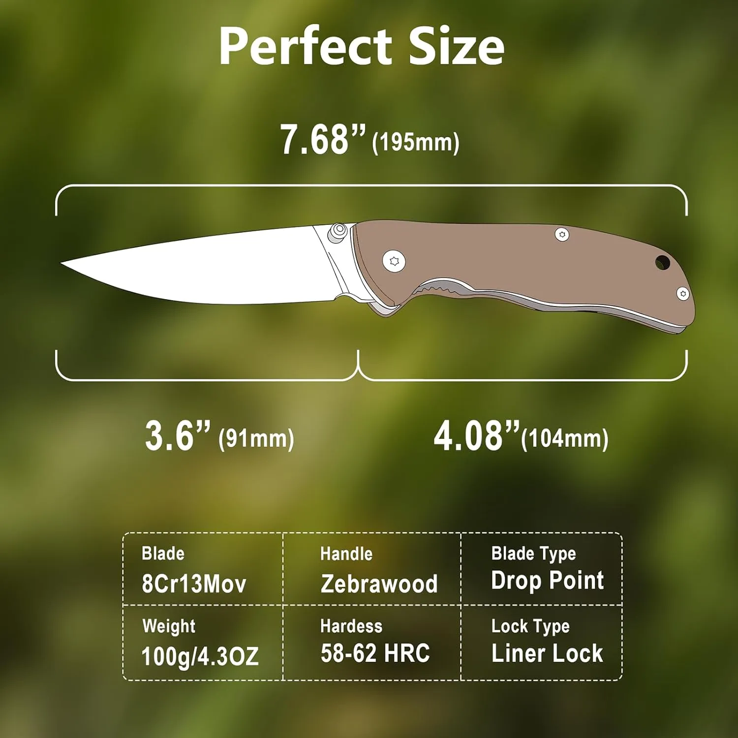 Harita Pocket Knife Folding Knife Zebra Wood Handle Stainless Steel Blade, 3.4 inch 8cr13mov Pocket with Clip Safety Liner Lock Tactical EDC Knife for Finshing Hunting Survival Hiking