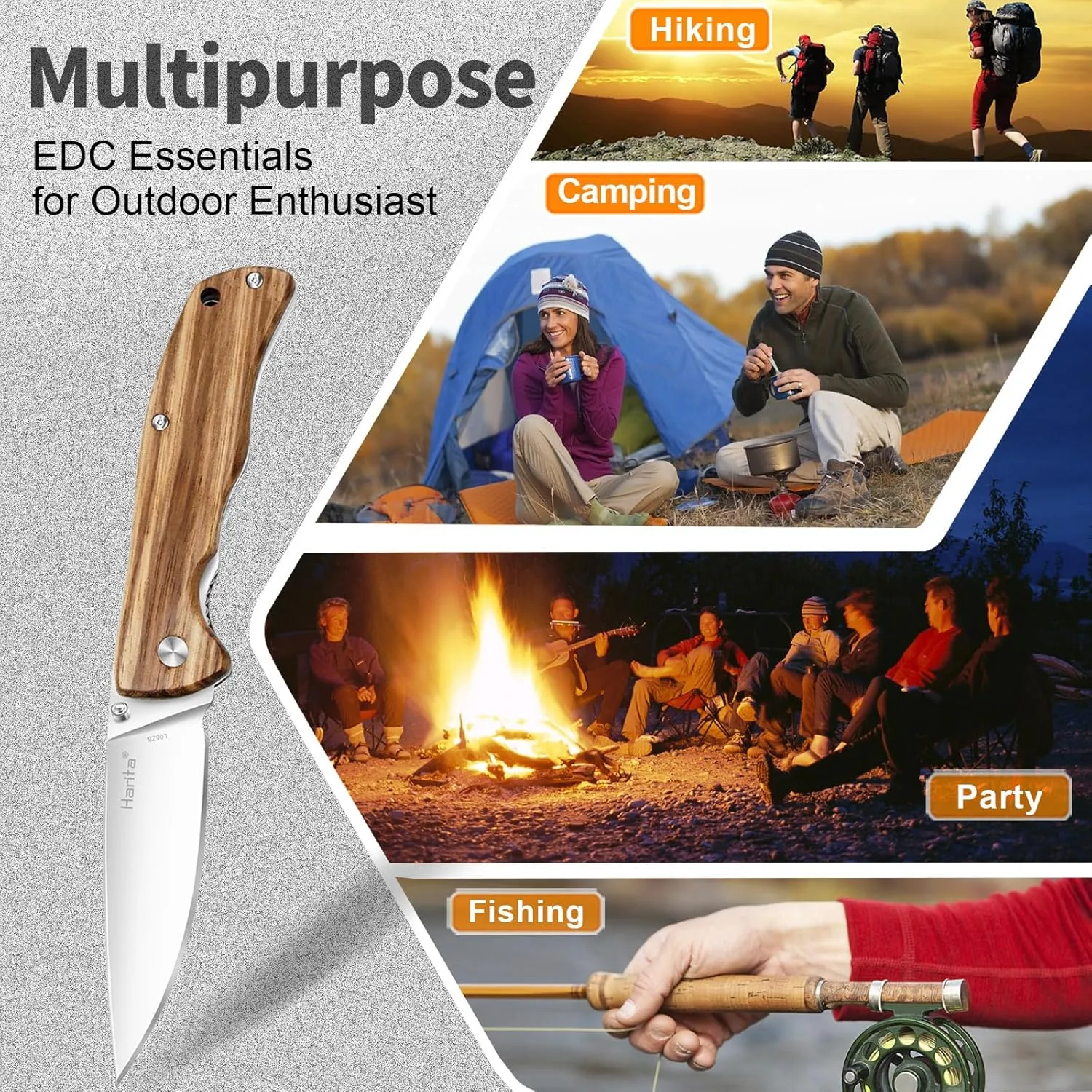 Harita Pocket Knife Folding Knife Zebra Wood Handle Stainless Steel Blade, 3.4 inch 8cr13mov Pocket with Clip Safety Liner Lock Tactical EDC Knife for Finshing Hunting Survival Hiking