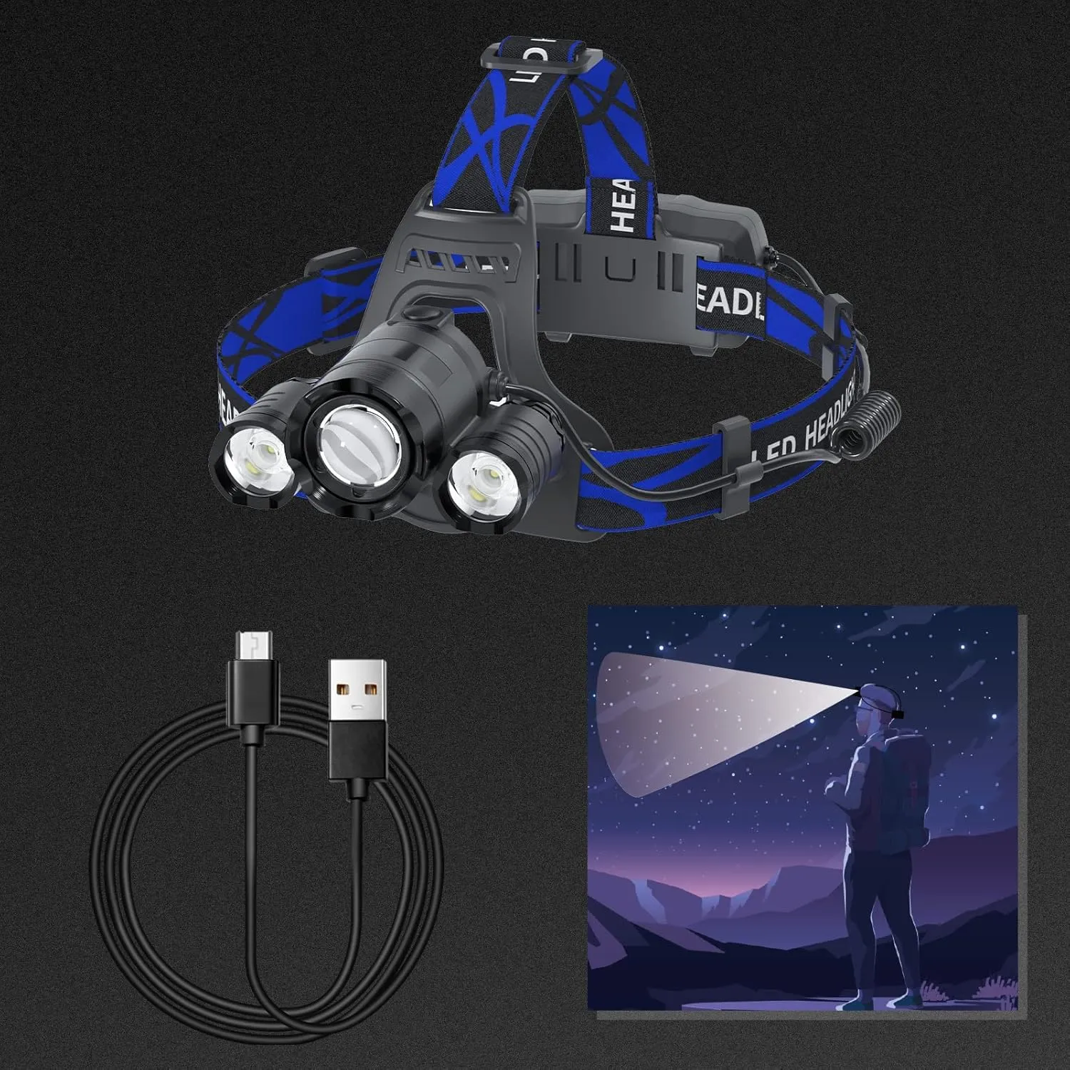 Headlamp Rechargeable 1200 Lumens Super Brightest 4 Modes Head Lamp for Adults Zoom Waterproof Headlight 90Angle Adjustable Head Lights for Outdoor Camping Hunting Running Hiking