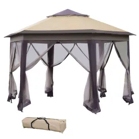 Hexagon Patio Gazebo Pop Up Gazebo Outdoor Double Roof Instant Shelter with Netting 4m x 4m Beige