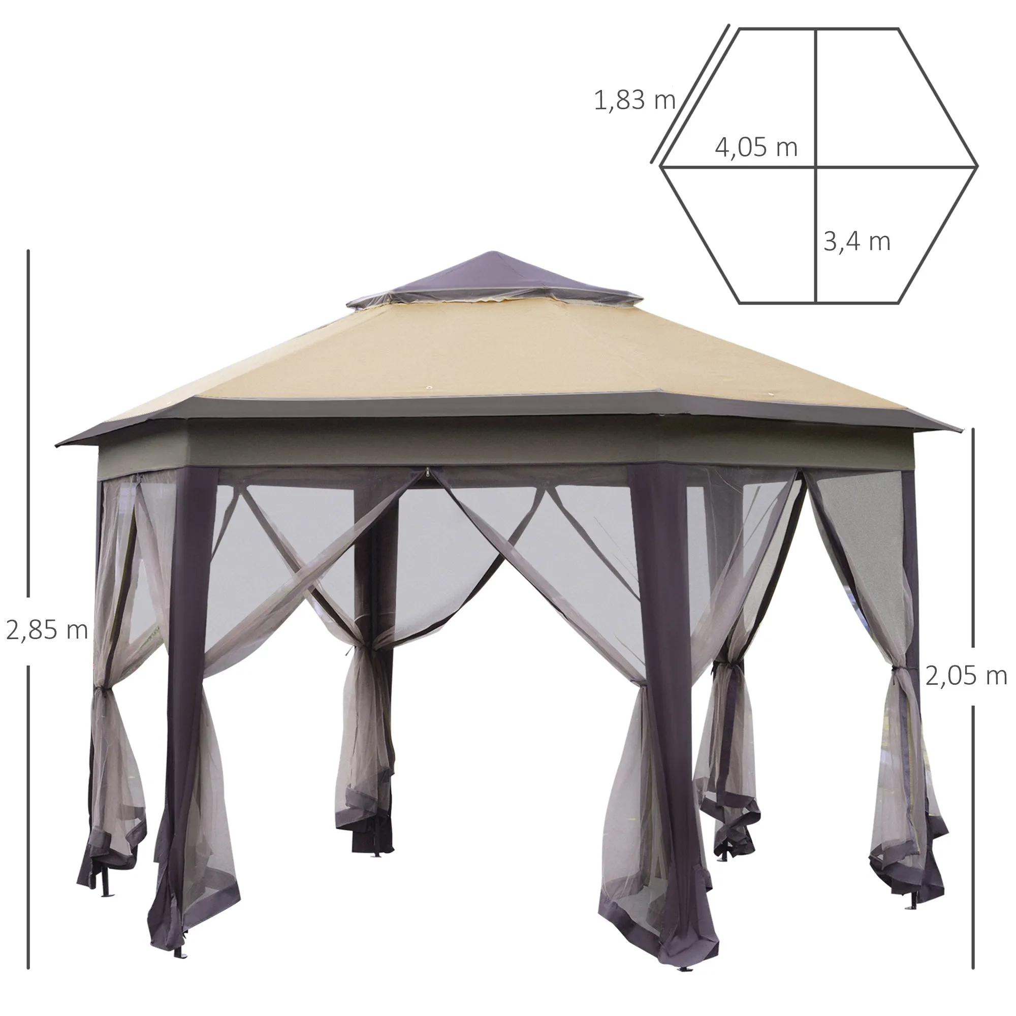 Hexagon Patio Gazebo Pop Up Gazebo Outdoor Double Roof Instant Shelter with Netting 4m x 4m Beige