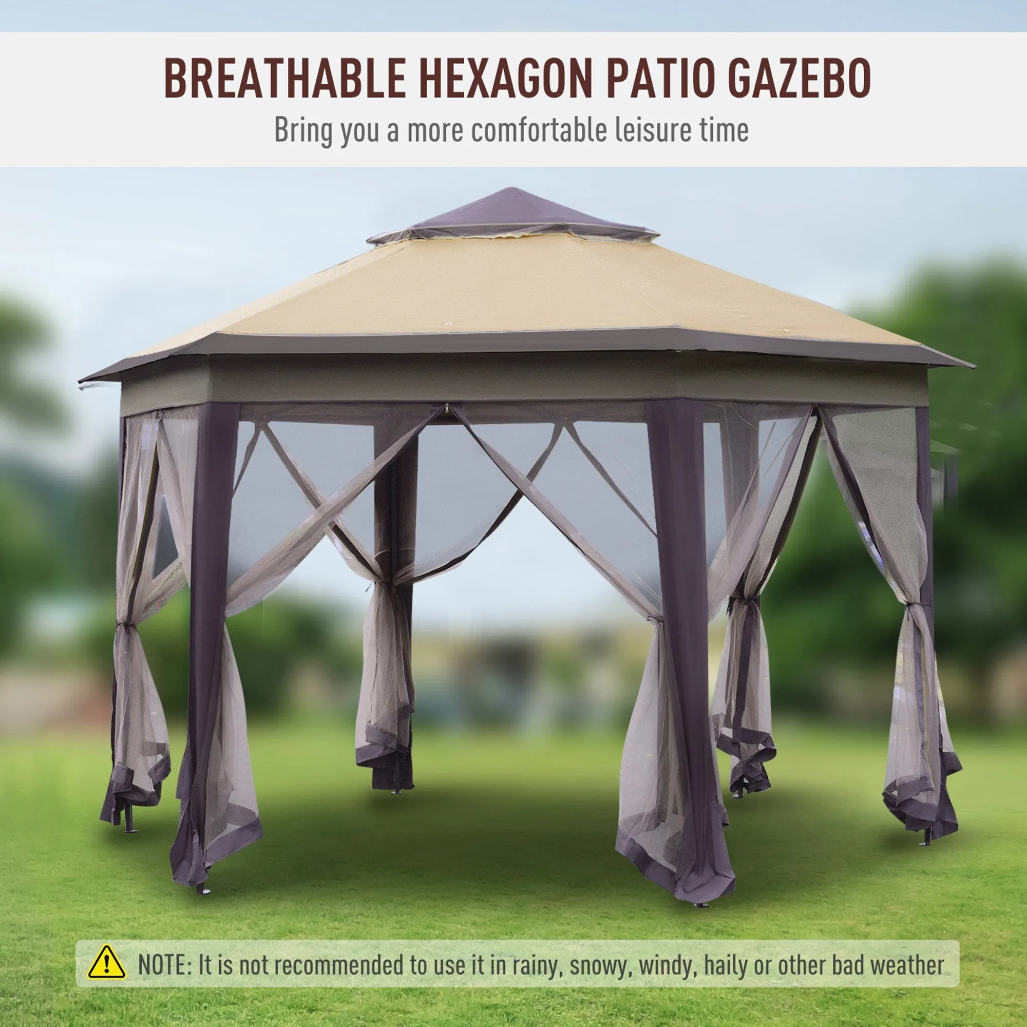 Hexagon Patio Gazebo Pop Up Gazebo Outdoor Double Roof Instant Shelter with Netting 4m x 4m Beige