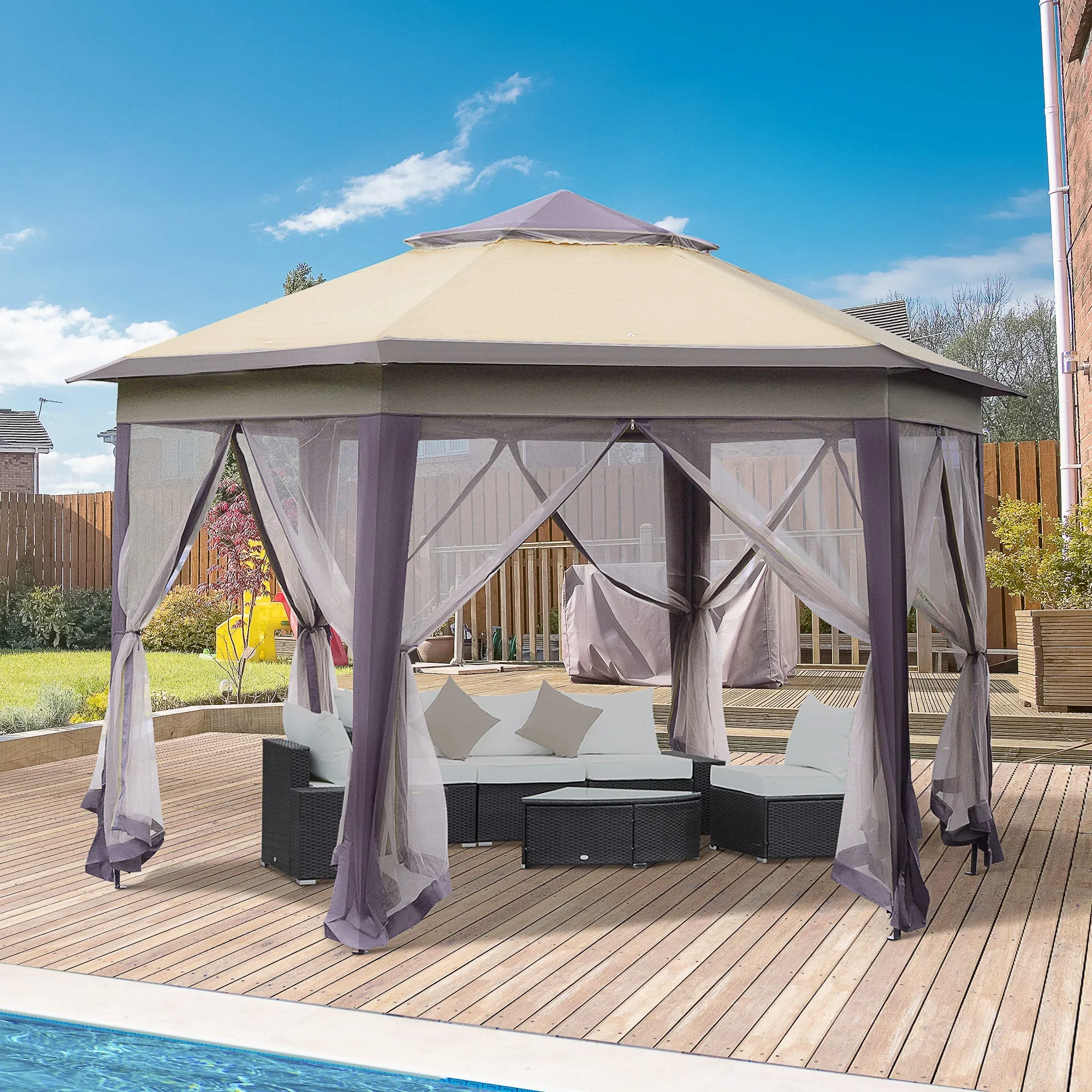 Hexagon Patio Gazebo Pop Up Gazebo Outdoor Double Roof Instant Shelter with Netting 4m x 4m Beige