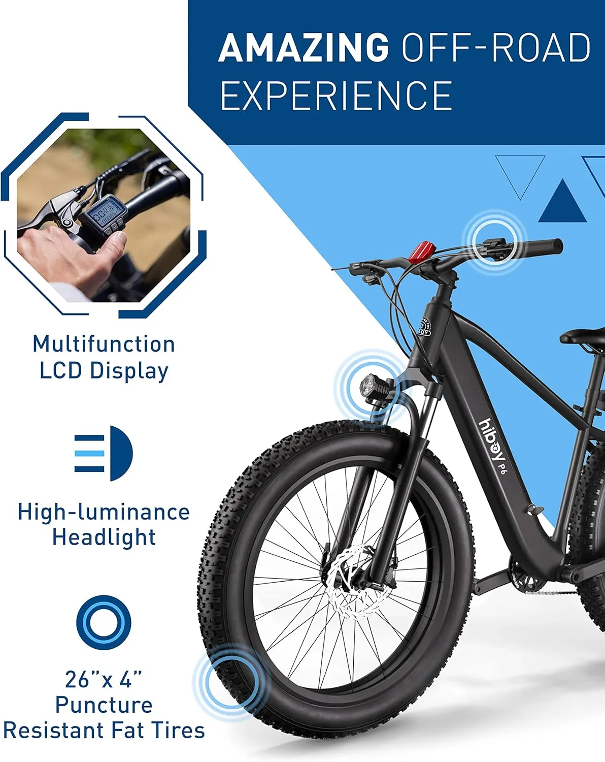Hiboy P6 Electric Bike for Adults, 28MPH 62.1Miles Range 1000W Peak Motor 48V 13Ah Removable Battery Ebike, 26 x 4.0" Fat Tire Electric Bicycle, Shimano 7 Speed, Hydraulic Suspension, UL Certified