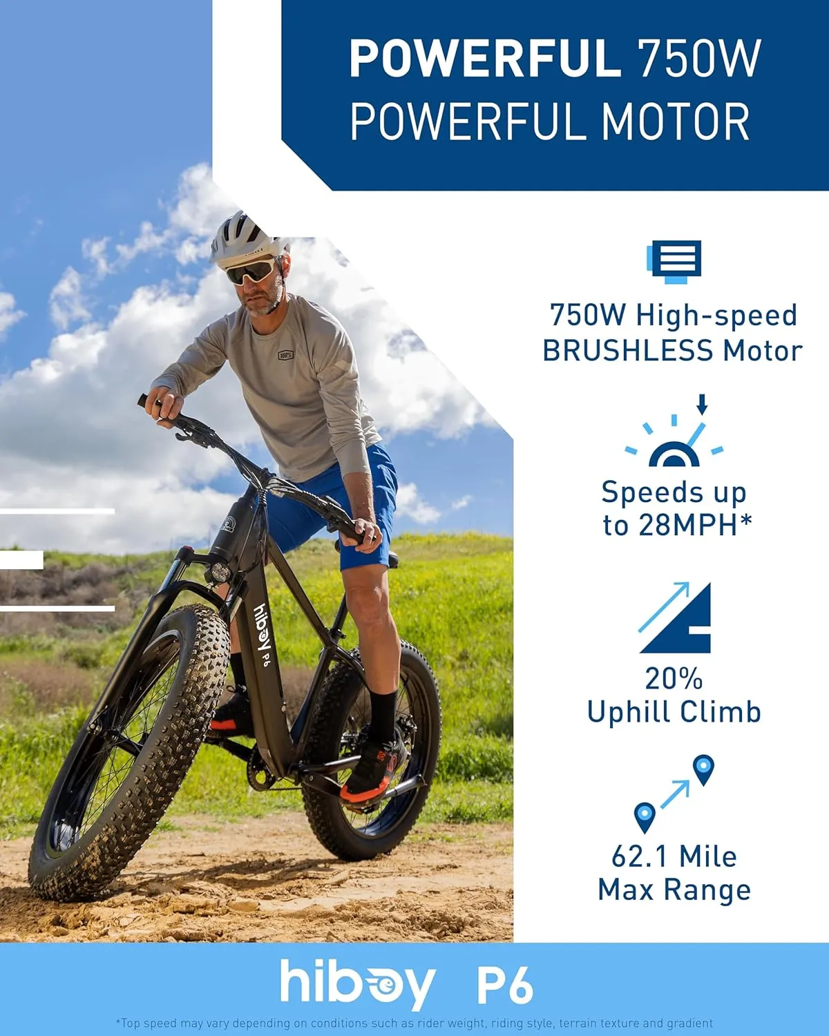 Hiboy P6 Electric Bike for Adults, 28MPH 62.1Miles Range 1000W Peak Motor 48V 13Ah Removable Battery Ebike, 26 x 4.0" Fat Tire Electric Bicycle, Shimano 7 Speed, Hydraulic Suspension, UL Certified