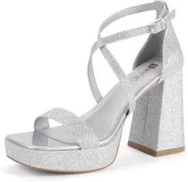IDIFU IN4 Platform Heels for Women - High Strappy Chunky Block Square Toe Sexy Wedding Dress Shoes - Open Toe Ankle Strap Heeled Sandals - Comfortable Thick Heels - Half Size Larger