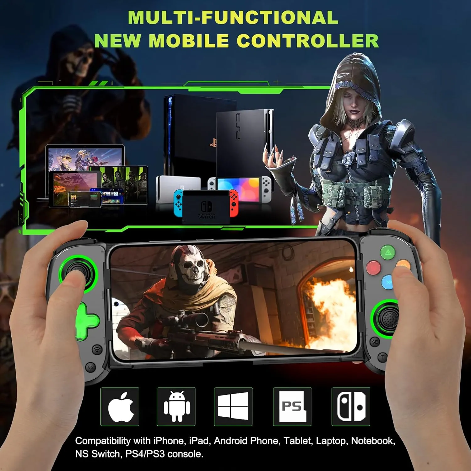 Koiiko Phone Game Controller for iPhone/Android/PC/Switch, Play COD, Genshin,Support Streaming on PS5/Xbox/PC Console, Cloud Gaming Wireless Gamepad Joystick, Turbo/6-Axis Gyro/Dual Motor, Green Light