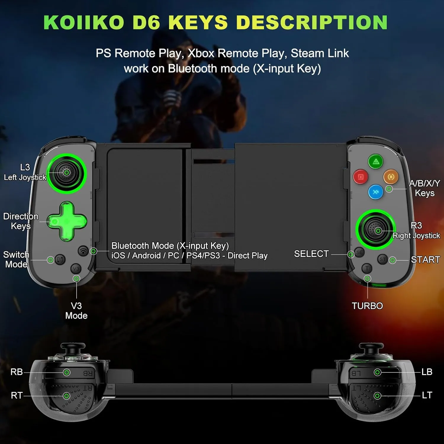 Koiiko Phone Game Controller for iPhone/Android/PC/Switch, Play COD, Genshin,Support Streaming on PS5/Xbox/PC Console, Cloud Gaming Wireless Gamepad Joystick, Turbo/6-Axis Gyro/Dual Motor, Green Light