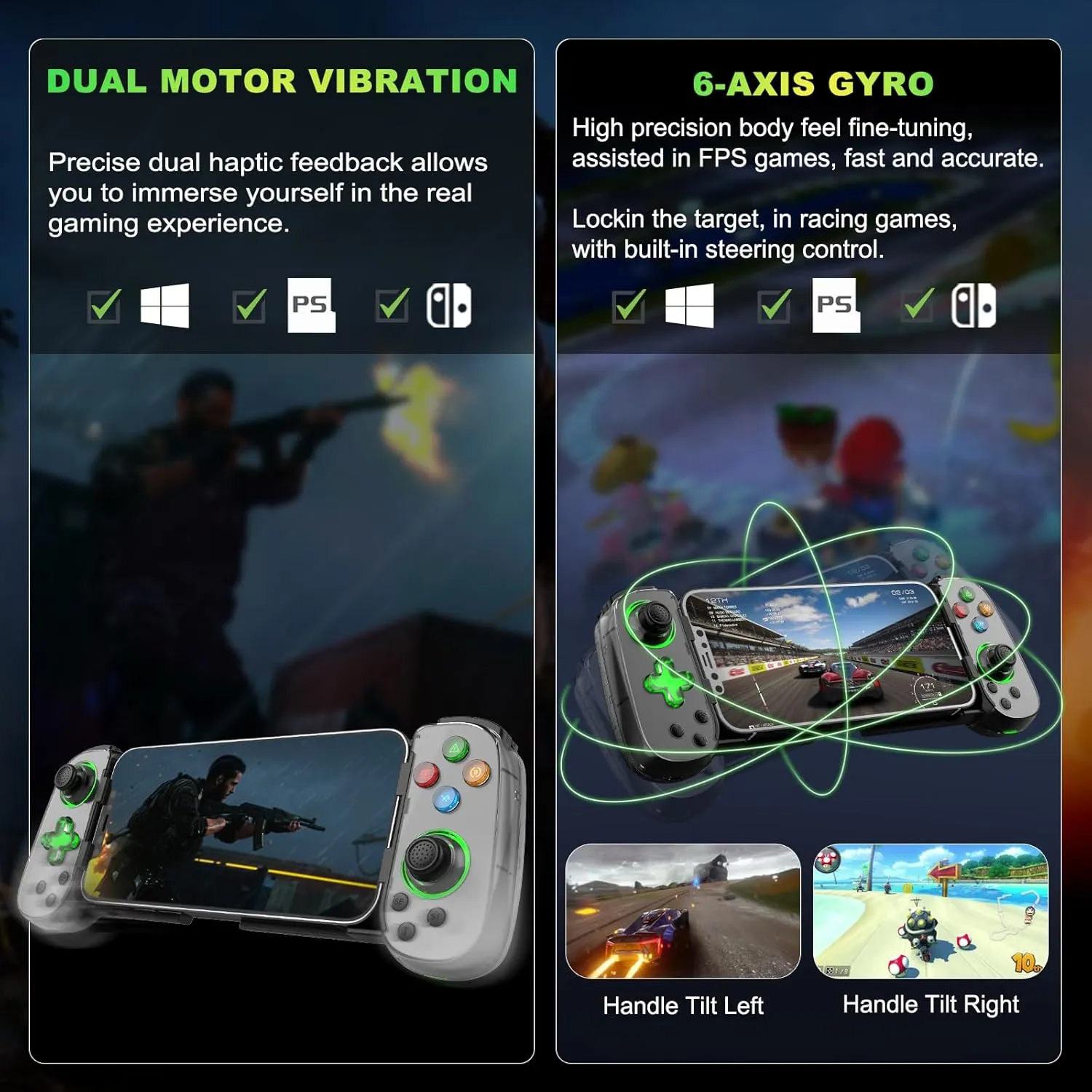 Koiiko Phone Game Controller for iPhone/Android/PC/Switch, Play COD, Genshin,Support Streaming on PS5/Xbox/PC Console, Cloud Gaming Wireless Gamepad Joystick, Turbo/6-Axis Gyro/Dual Motor, Green Light