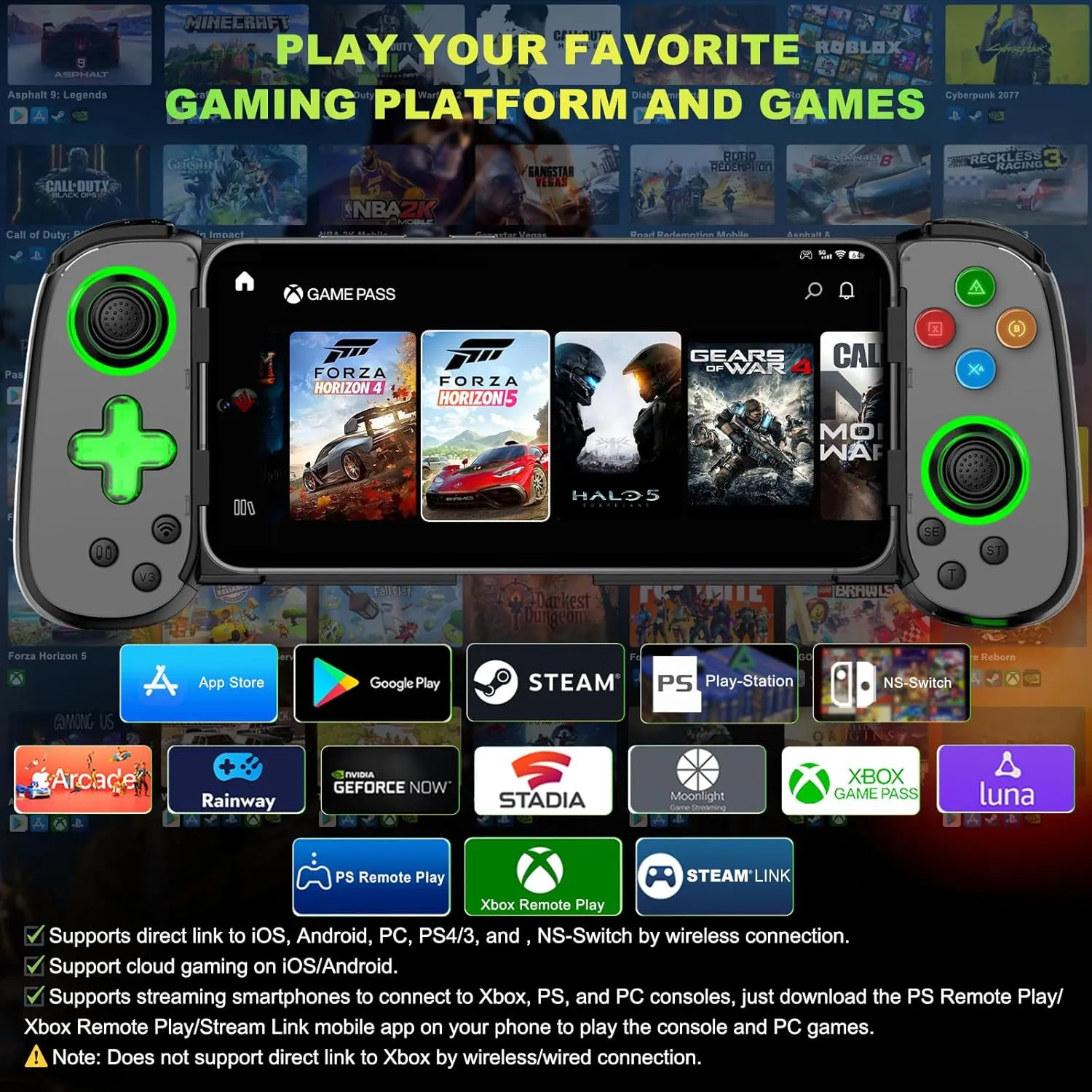 Koiiko Phone Game Controller for iPhone/Android/PC/Switch, Play COD, Genshin,Support Streaming on PS5/Xbox/PC Console, Cloud Gaming Wireless Gamepad Joystick, Turbo/6-Axis Gyro/Dual Motor, Green Light