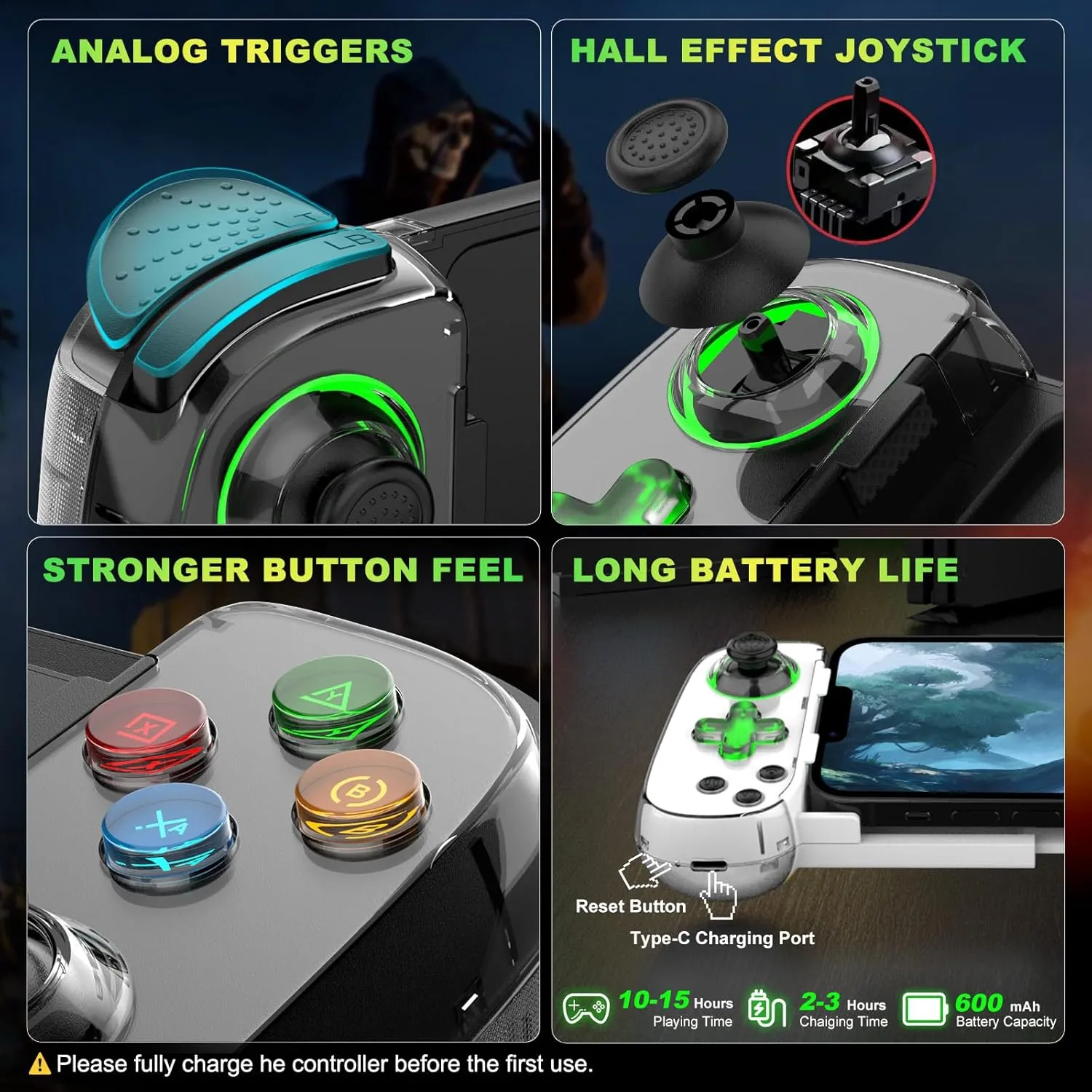 Koiiko Phone Game Controller for iPhone/Android/PC/Switch, Play COD, Genshin,Support Streaming on PS5/Xbox/PC Console, Cloud Gaming Wireless Gamepad Joystick, Turbo/6-Axis Gyro/Dual Motor, Green Light