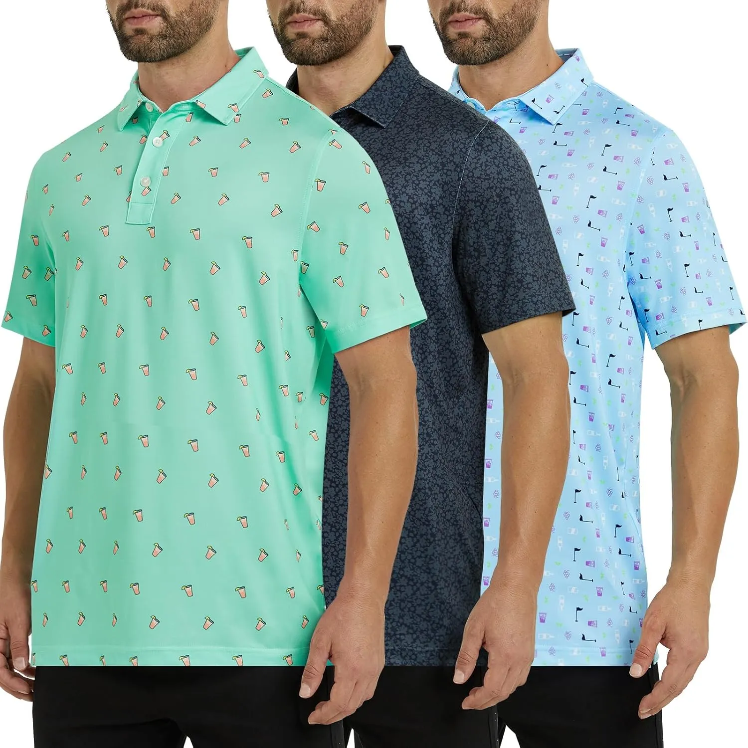 Mens Polo Shirts 3 Pack Fashion Print Mens Golf Shirt Short Sleeve Moisture Wicking Dry Fit Golf Shirts for Men