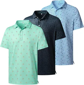 Mens Polo Shirts 3 Pack Fashion Print Mens Golf Shirt Short Sleeve Moisture Wicking Dry Fit Golf Shirts for Men