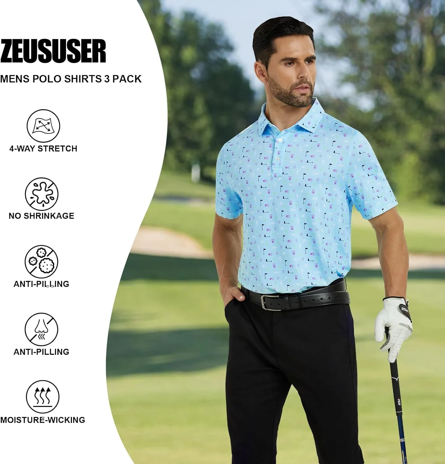 Mens Polo Shirts 3 Pack Fashion Print Mens Golf Shirt Short Sleeve Moisture Wicking Dry Fit Golf Shirts for Men