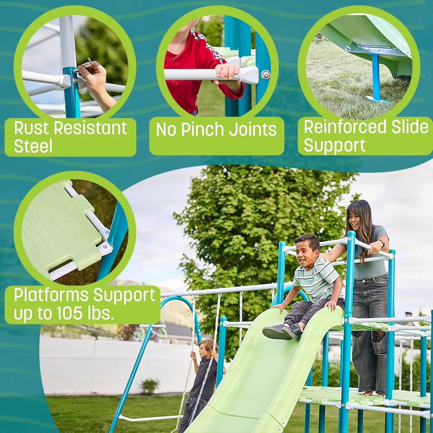 Modular Jungle Gym Set for Kids by ACTIVPLAY, Outdoor Playset, Swing, Slide, Monkey Bars, Rust Resistant, No Pinch Joints, Adjustable Platforms with Safety Grooves, Heavy Duty Metal Frame