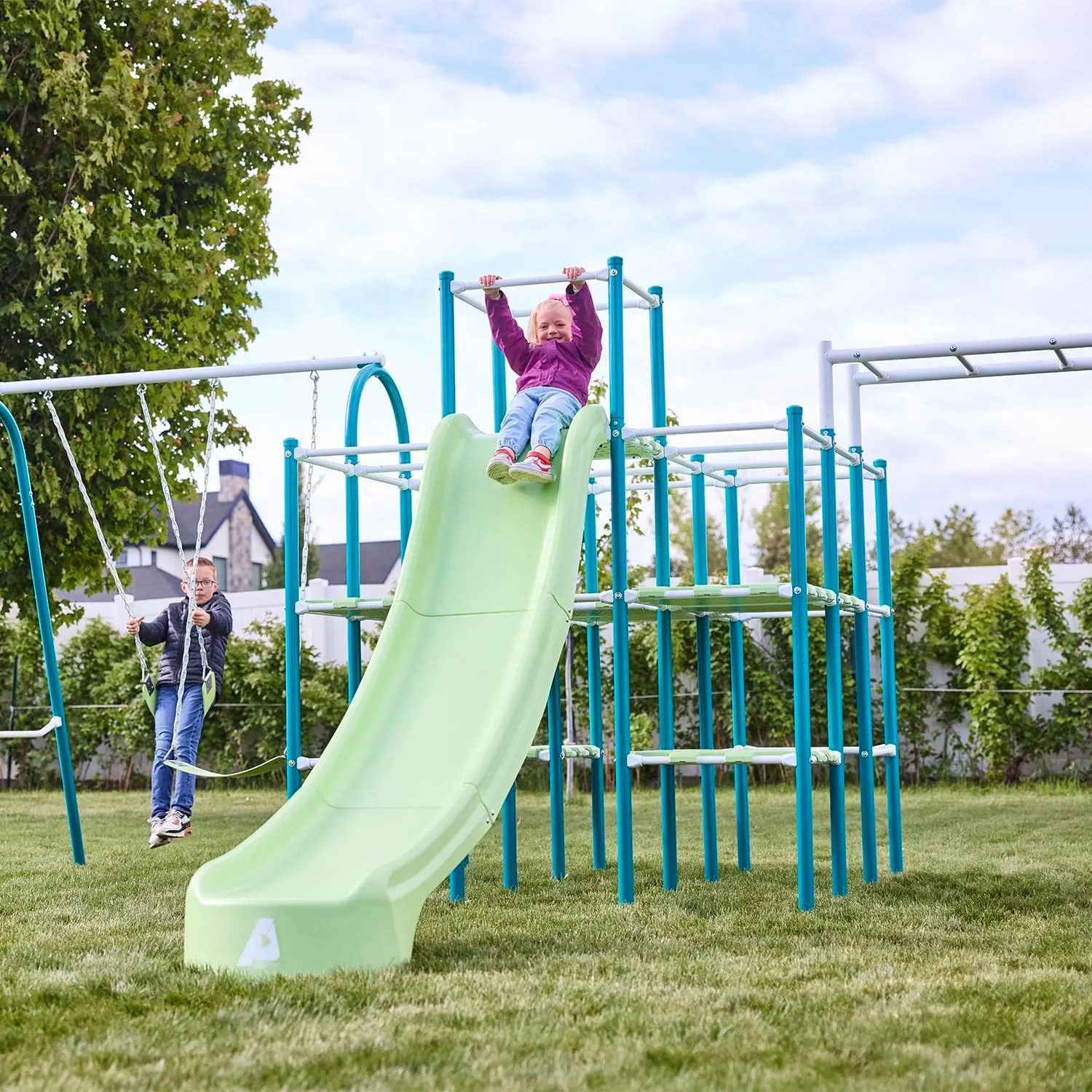 Modular Jungle Gym Set for Kids by ACTIVPLAY, Outdoor Playset, Swing, Slide, Monkey Bars, Rust Resistant, No Pinch Joints, Adjustable Platforms with Safety Grooves, Heavy Duty Metal Frame