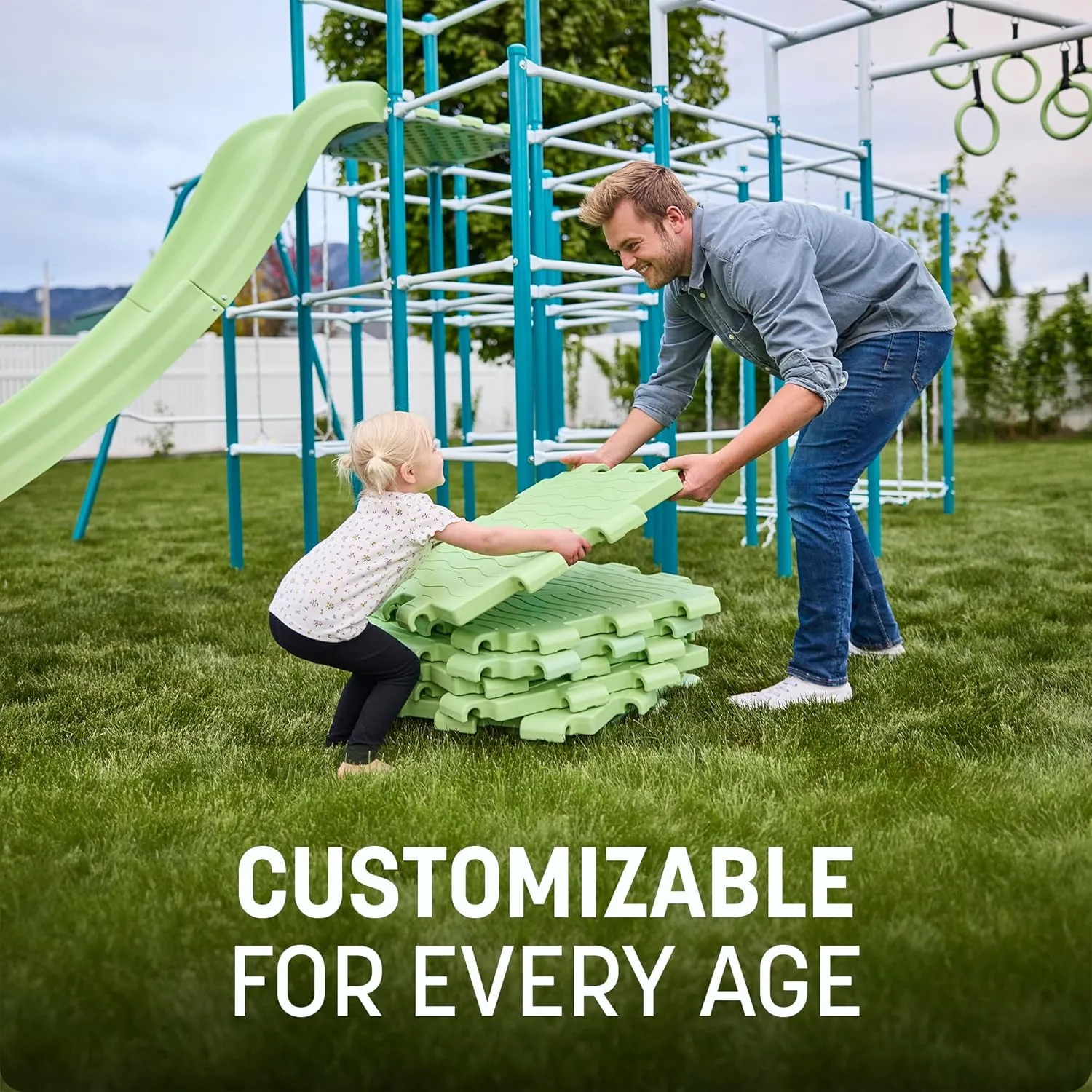 Modular Jungle Gym Set for Kids by ACTIVPLAY, Outdoor Playset, Swing, Slide, Monkey Bars, Rust Resistant, No Pinch Joints, Adjustable Platforms with Safety Grooves, Heavy Duty Metal Frame