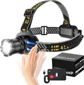 Rechargeable LED Headlamp, 990000 Lumens, Motion Sensor LED Head Lamp with 12 Modes, 60H Long Battery Life, 90 Adjustable, IP68 Waterproof, Zoom Forehead Headlight for Outdoor Camping,Cycling,Hiking