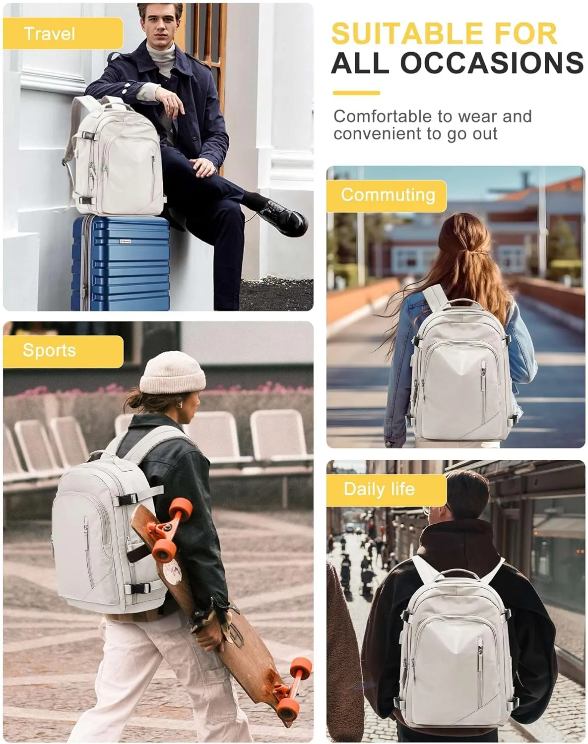 Travel Backpack for Women Men, Waterproof Carry on Backpack for Flight Approved Personal Item Bag, Business Laptop Backpack with USB Charging for Hiking Gym with Shoe Compartment Casual Daypack White