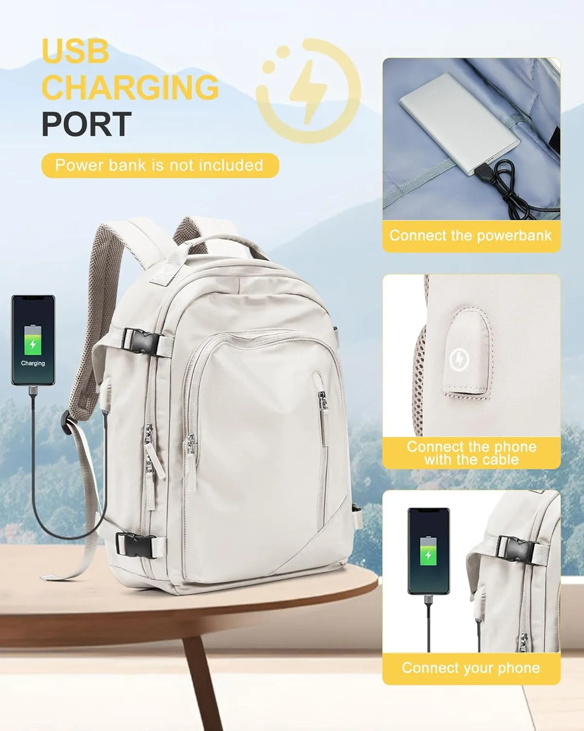 Travel Backpack for Women Men, Waterproof Carry on Backpack for Flight Approved Personal Item Bag, Business Laptop Backpack with USB Charging for Hiking Gym with Shoe Compartment Casual Daypack White