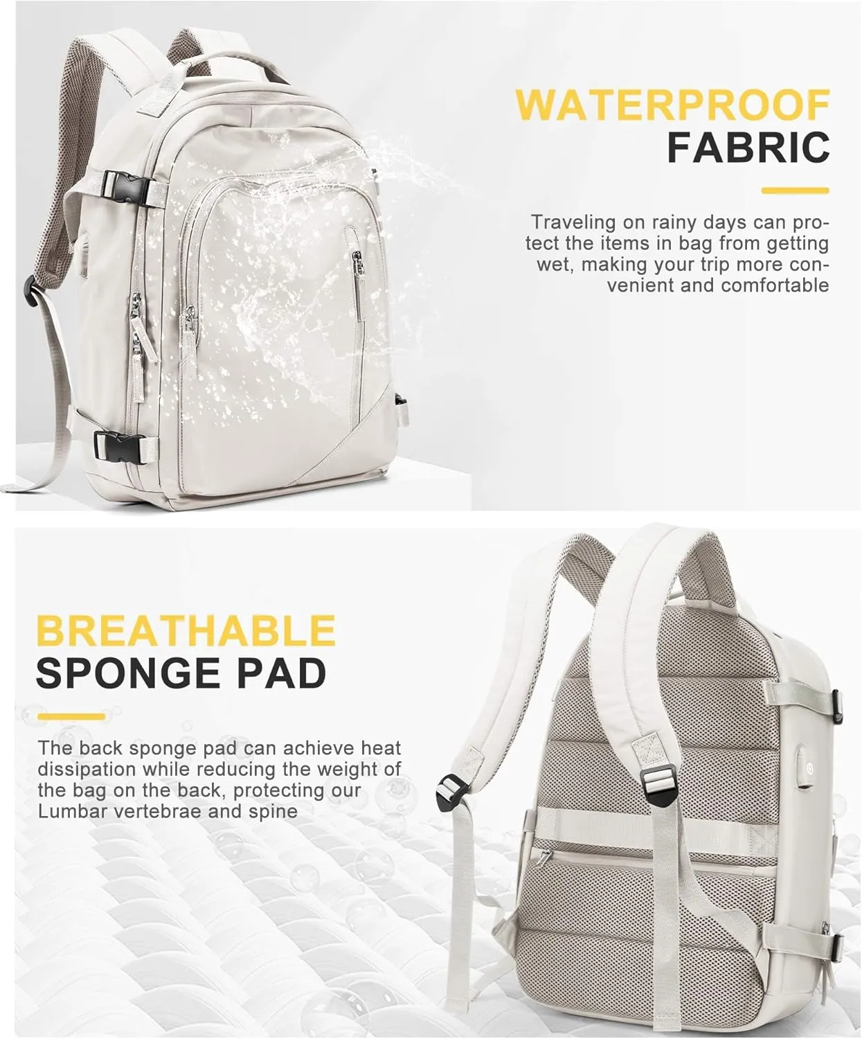 Travel Backpack for Women Men, Waterproof Carry on Backpack for Flight Approved Personal Item Bag, Business Laptop Backpack with USB Charging for Hiking Gym with Shoe Compartment Casual Daypack White