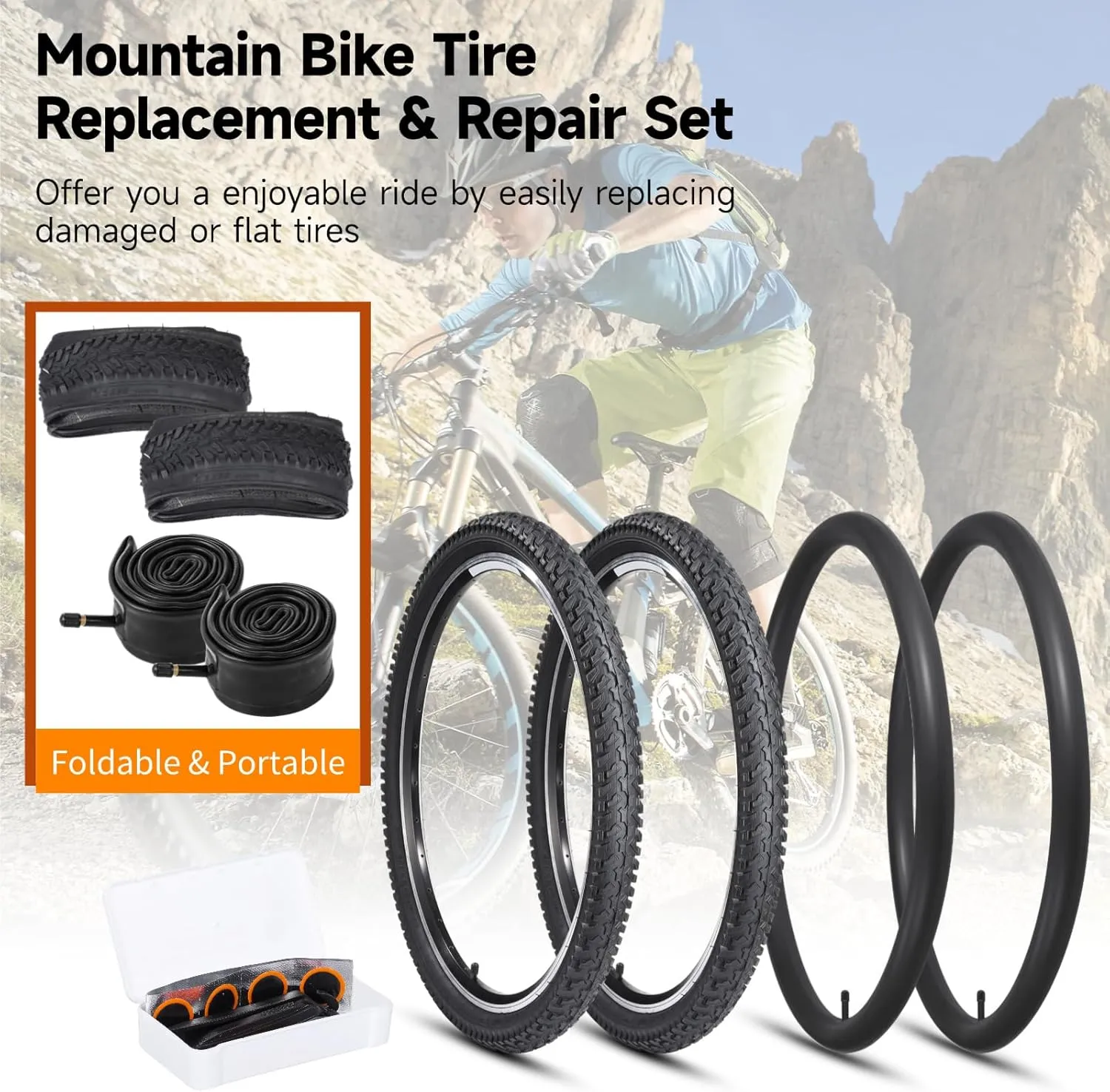 yeesport 24/26 Inch Mountain Bike Tires, 2 Pack Foldable 24/26 x 2.125 Bike Tire & Bike Tubes with Repair Kit, 24 x 2.125 Bike Tire 26x2.125 Bicycle Tire Tube for MTB,BMX